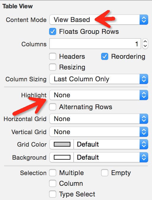 Table view settings